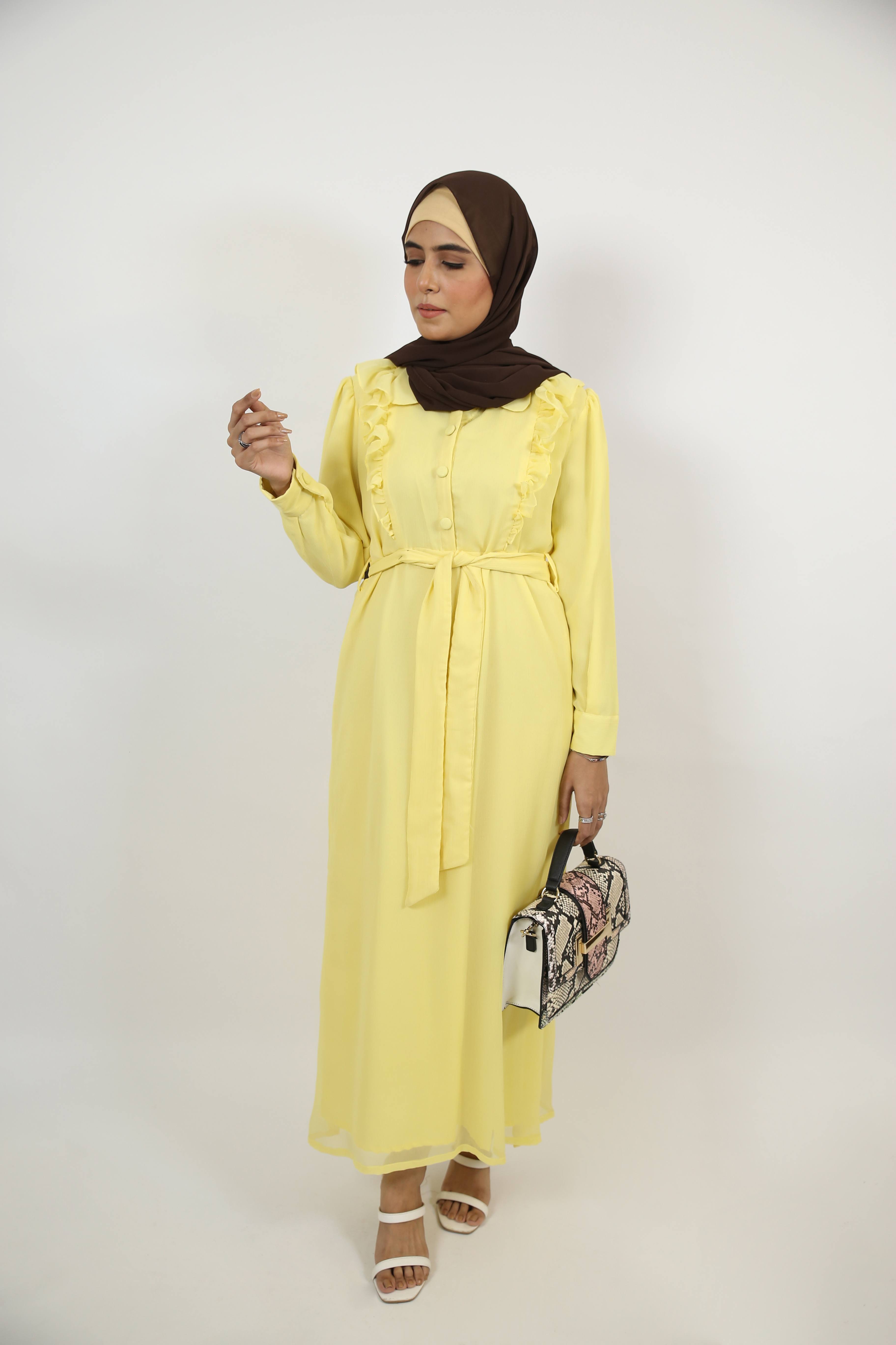 Safraa- Radiant chiffon lined Maxi dress with front flutters and belt with long sleeves- Lemon Yellow