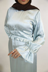 Samaa- Timeless satin Maxi Dress with front detailing and ruffled sleeves-Quenched blue