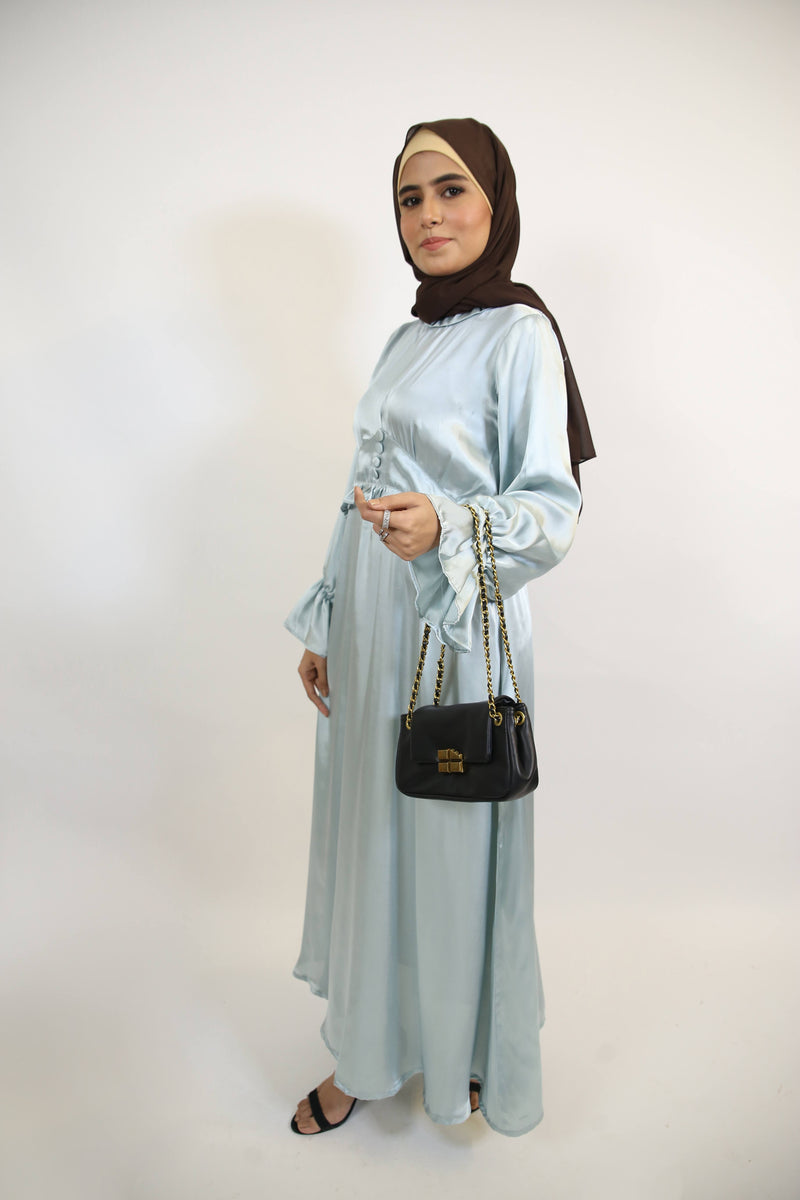Samaa- Timeless satin Maxi Dress with front detailing and ruffled sleeves-Quenched blue