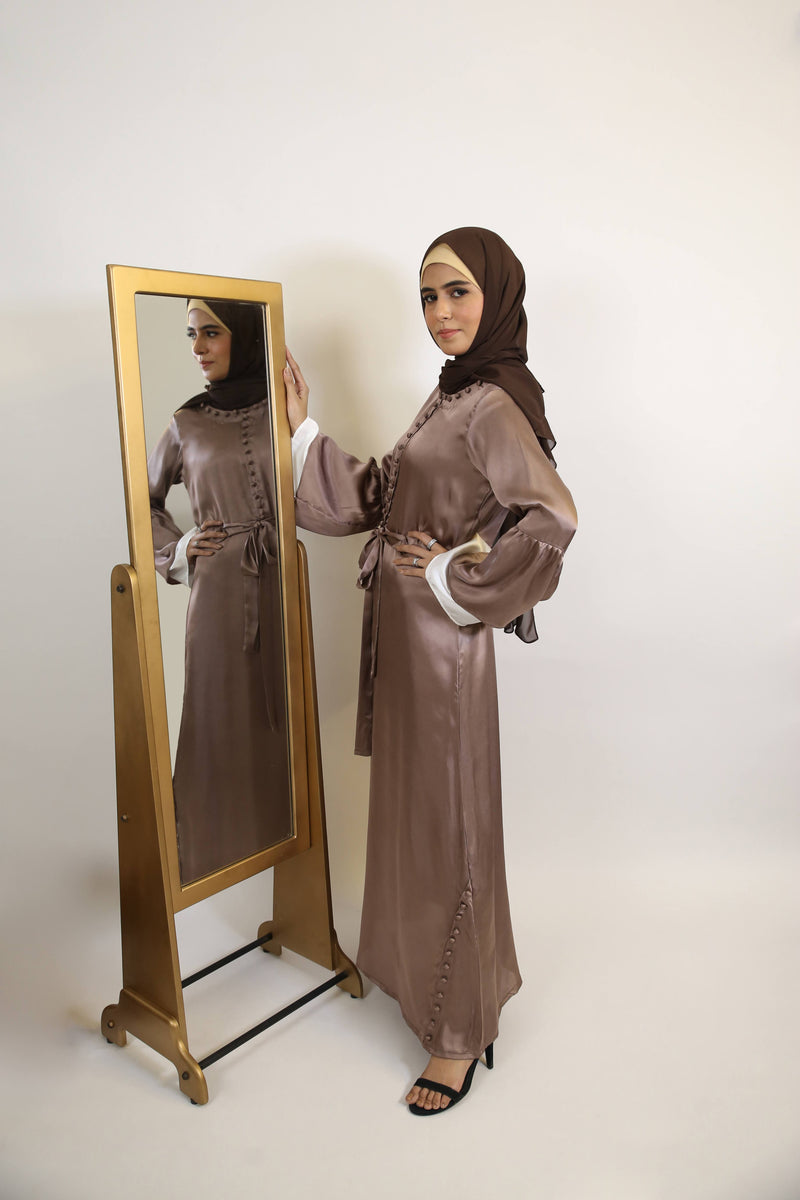 Abeer-Ethereal Satin Maxi Dress with buttoned detailing on neck and hem with bell sleeves- Beige brown