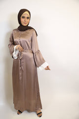 Abeer-Ethereal Satin Maxi Dress with buttoned detailing on neck and hem with bell sleeves- Beige brown