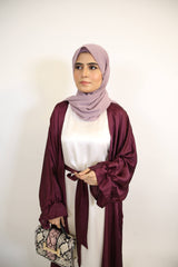 Anbari- Luxurious satin Throw over abaya set with matching belt and white inner slip dress- Cranberry Red