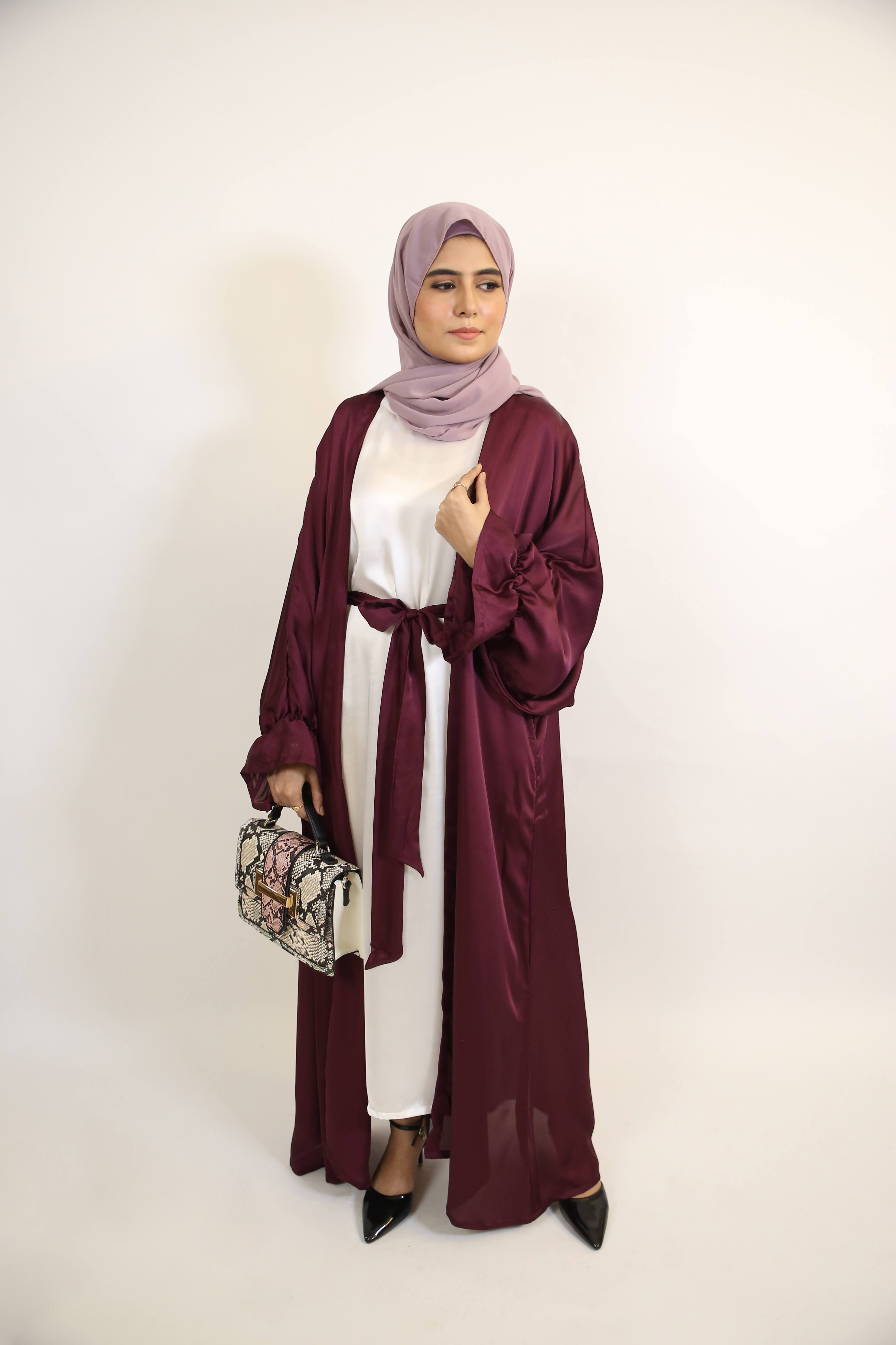 Anbari- Luxurious satin Throw over abaya set with matching belt and white inner slip dress- Cranberry Red