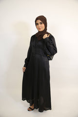 Ebony- Elegant Satin Maxi Dress with buttons series detailing- Noir Black