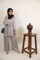 Fidah- Ravishing Satin modest two piece Co ord set with belt and spanish pants- Silver Gray
