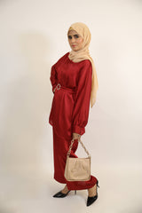 Dahlia- Enchanting Satin modest two piece co ord set with belt embellishment and spanish pants- Burgundy Red