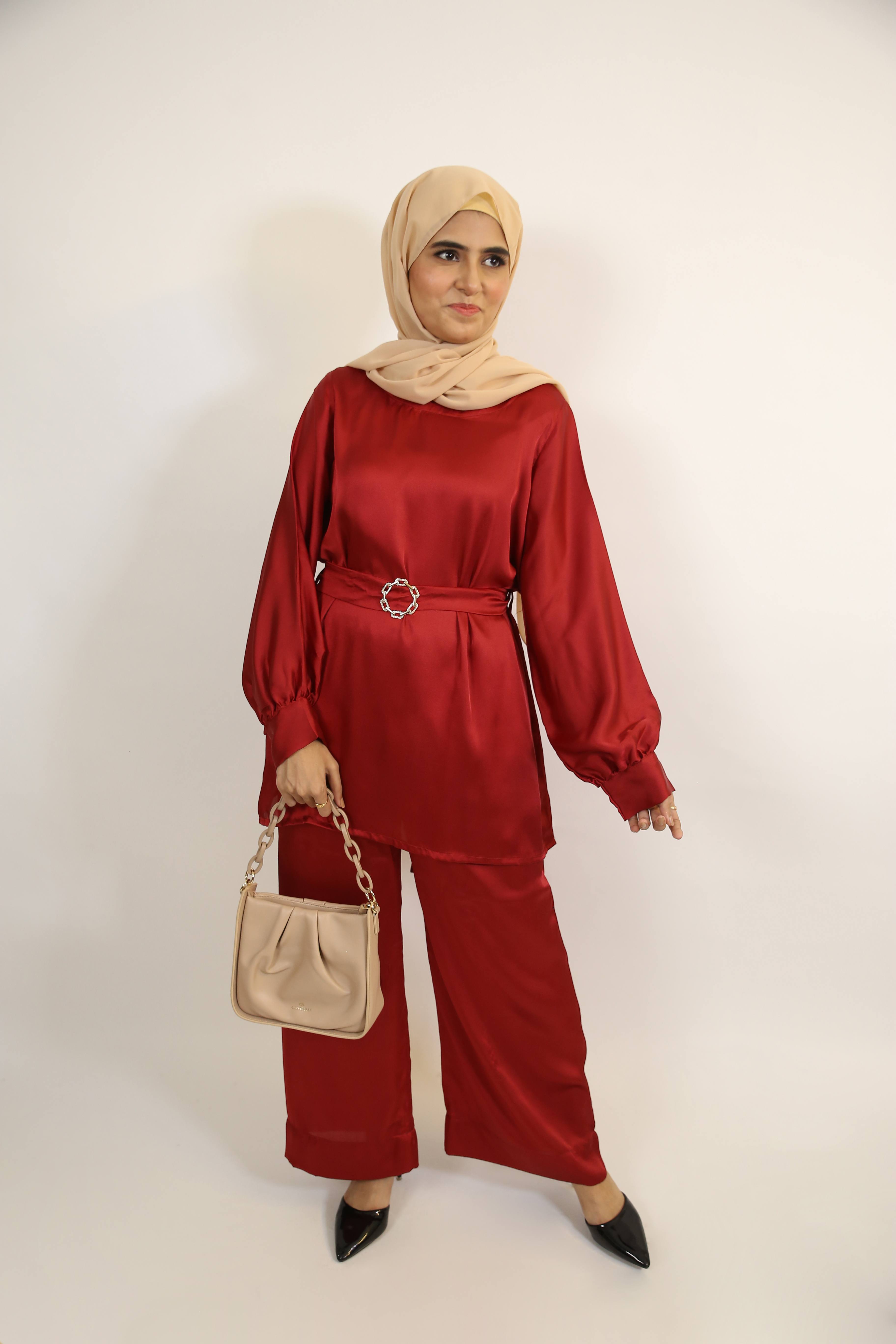 Dahlia- Enchanting Satin modest two piece co ord set with belt embellishment and spanish pants- Burgundy Red