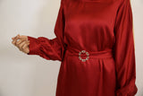 Dahlia- Enchanting Satin modest two piece co ord set with belt embellishment and spanish pants- Burgundy Red