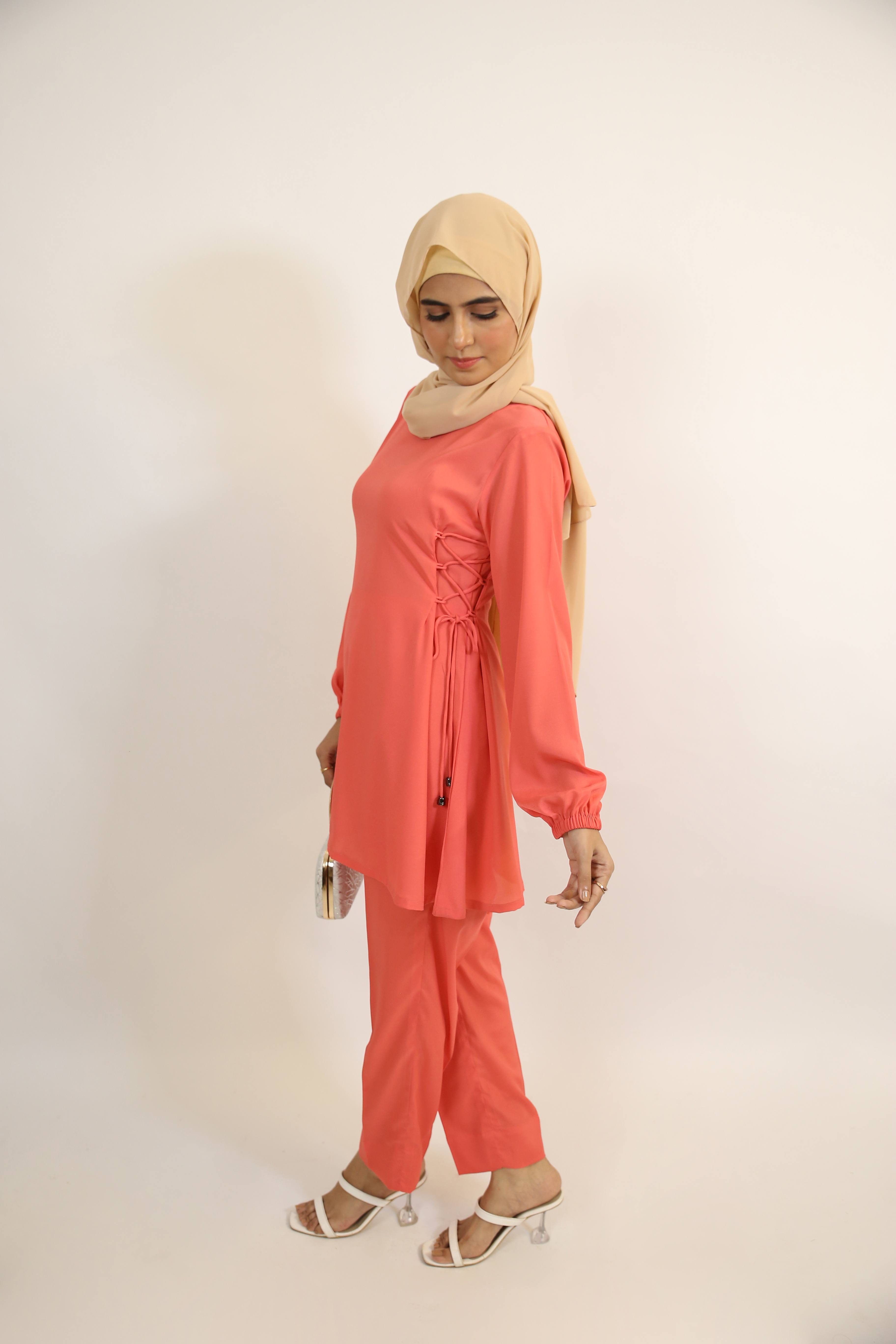 Tawoos- Enchanting modest Two piece co ord set with knot detailing on sides- Peach Pink