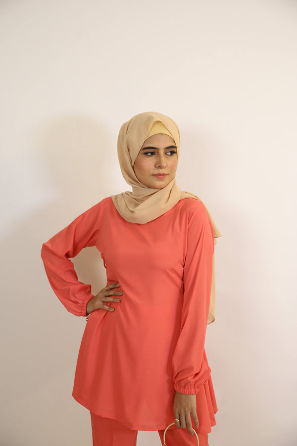 Tawoos- Enchanting modest Two piece co ord set with knot detailing on sides- Peach Pink