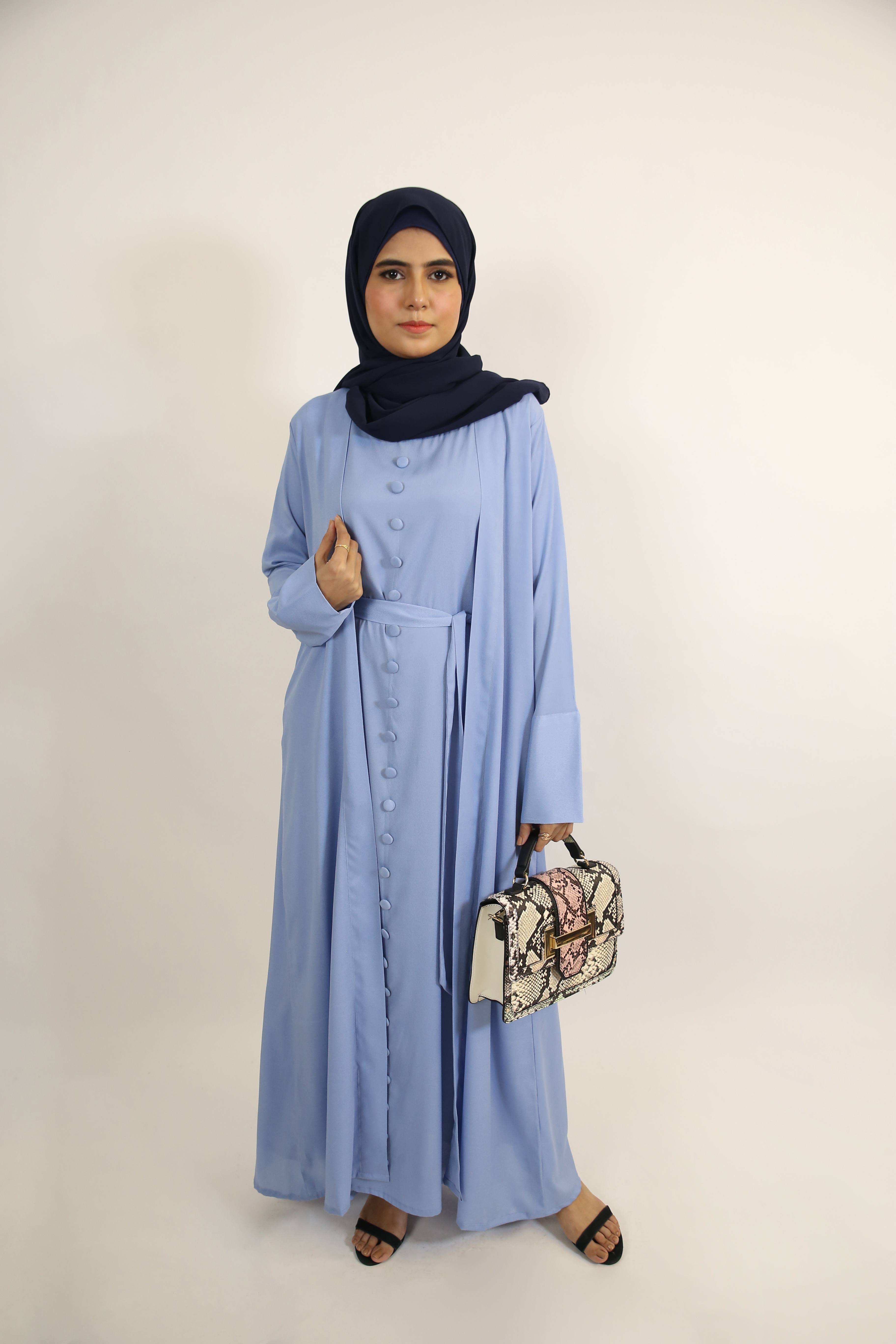 Samaa- Enchanting Wrinkle free throw over abaya with full buttoned inner slip dress- sky blue