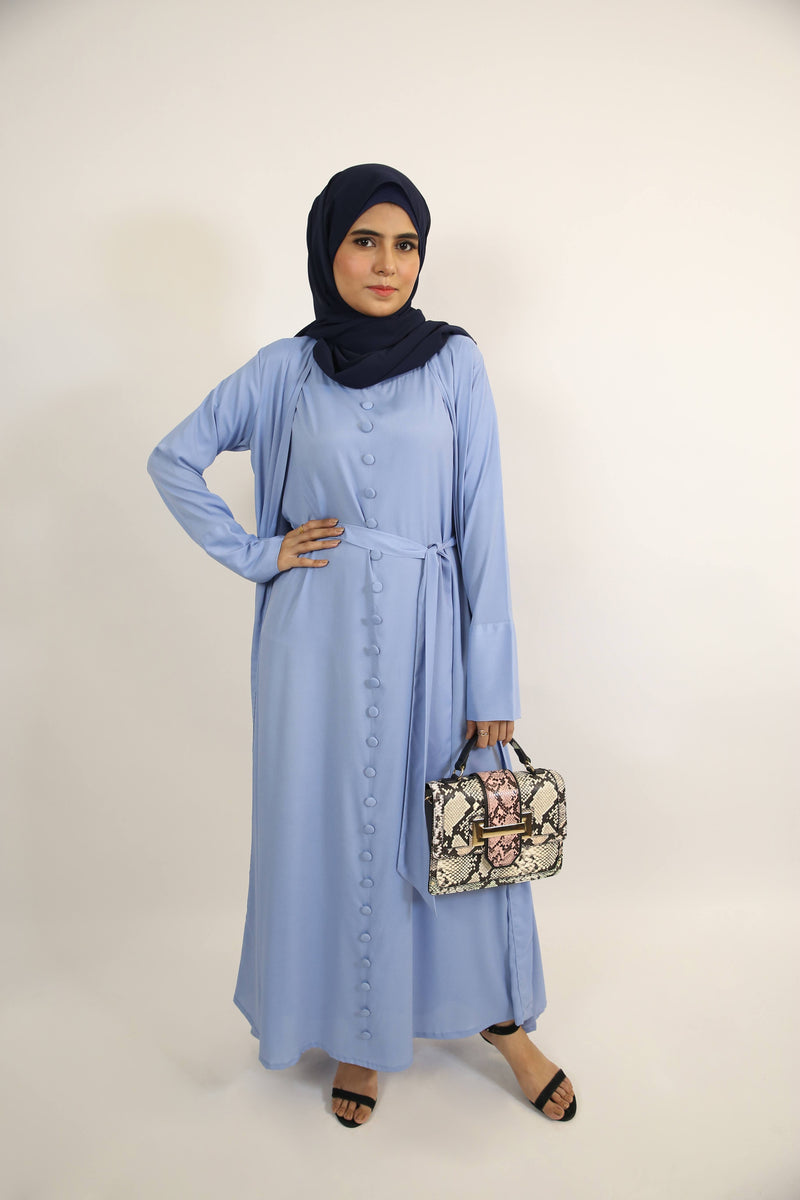 Samaa- Enchanting Wrinkle free throw over abaya with full buttoned inner slip dress- sky blue