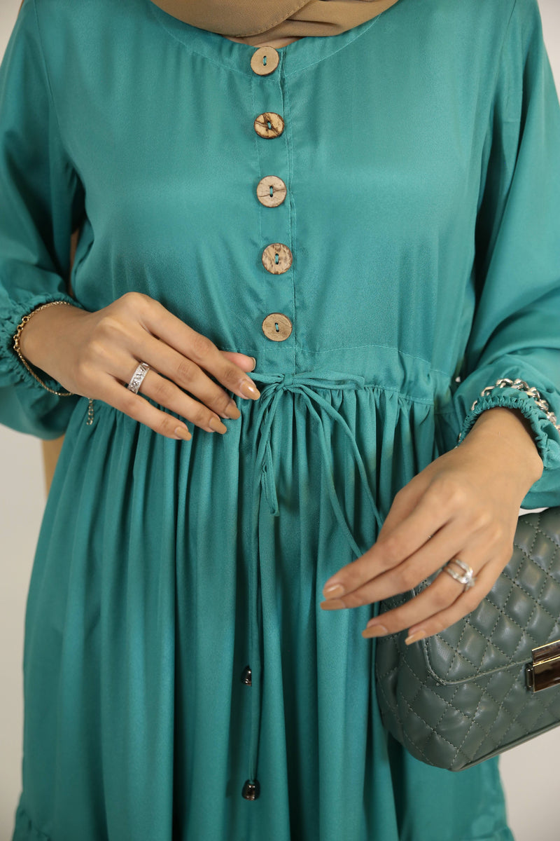 Sylvan- Stunning Non sheer Maxi dress with tie up belt and front buttons- Pine green