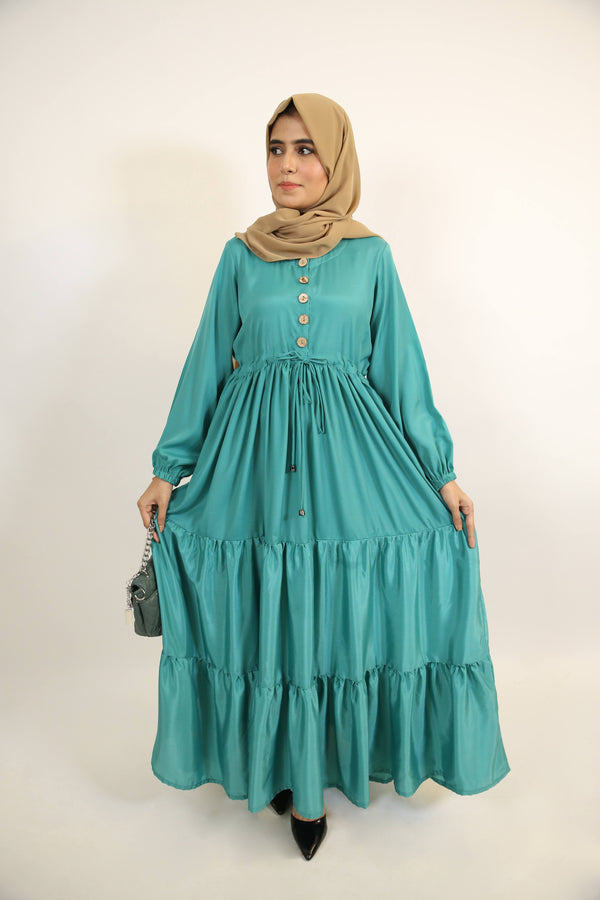 Sylvan- Stunning Non sheer Maxi dress with tie up belt and front buttons- Pine green