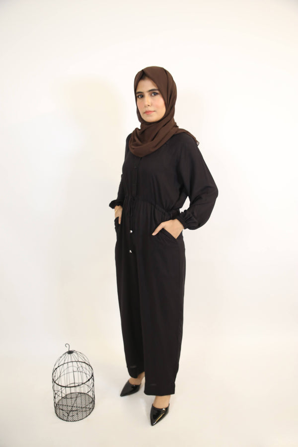 Fahm- Classy  Linen Modest Jumpsuit with tie up belt and side pockets- Charcoal Black
