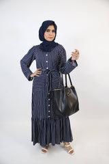 Mahit- Chic Linen Maxi Dress with side pockets and ruffled hem in navy blue pinstripe