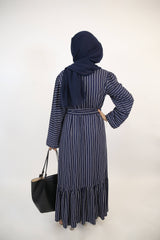 Mahit- Chic Linen Maxi Dress with side pockets and ruffled hem in navy blue pinstripe