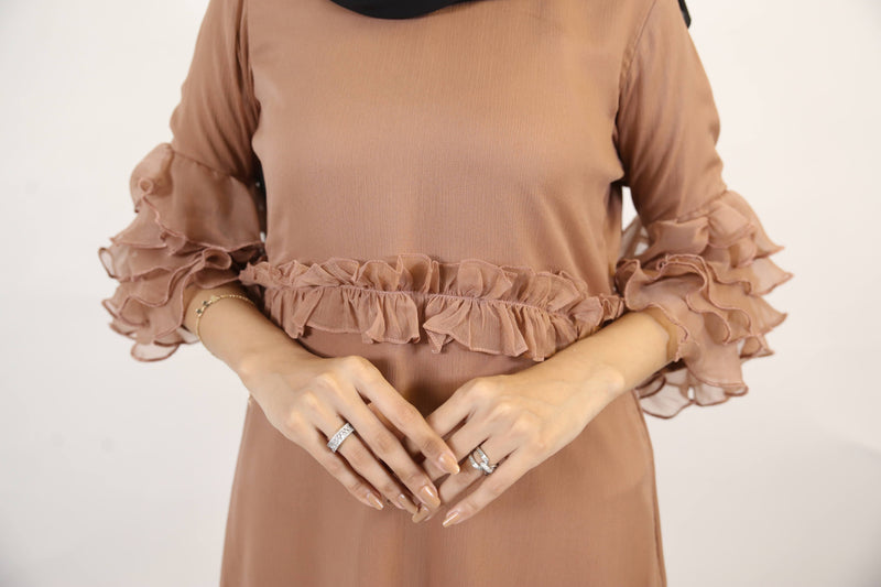 Raml- Chic Chiffon lined maxi dress with tiered sleeves and ruched waist detailing-Camel Beige