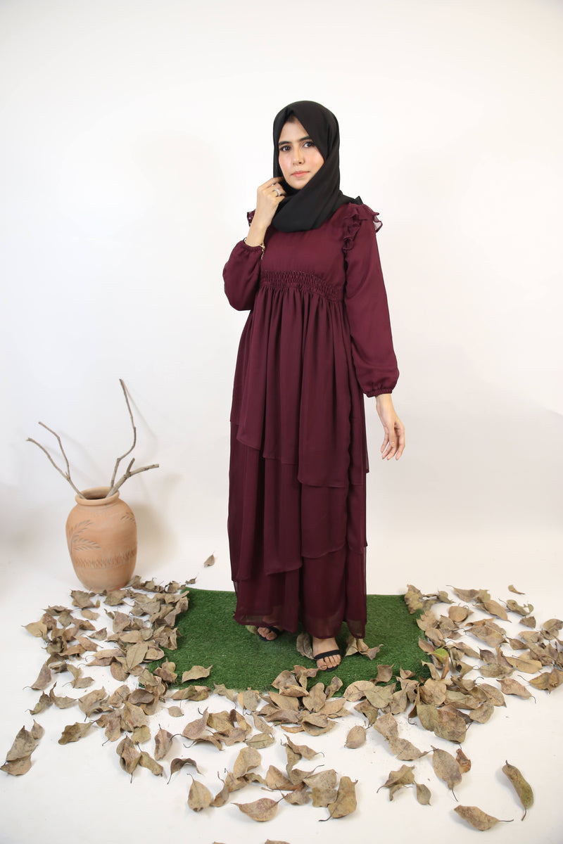 Zeenah- Timeless Chiffon lined frill trim layered hem dress with lantern sleeves- Burgundy Red