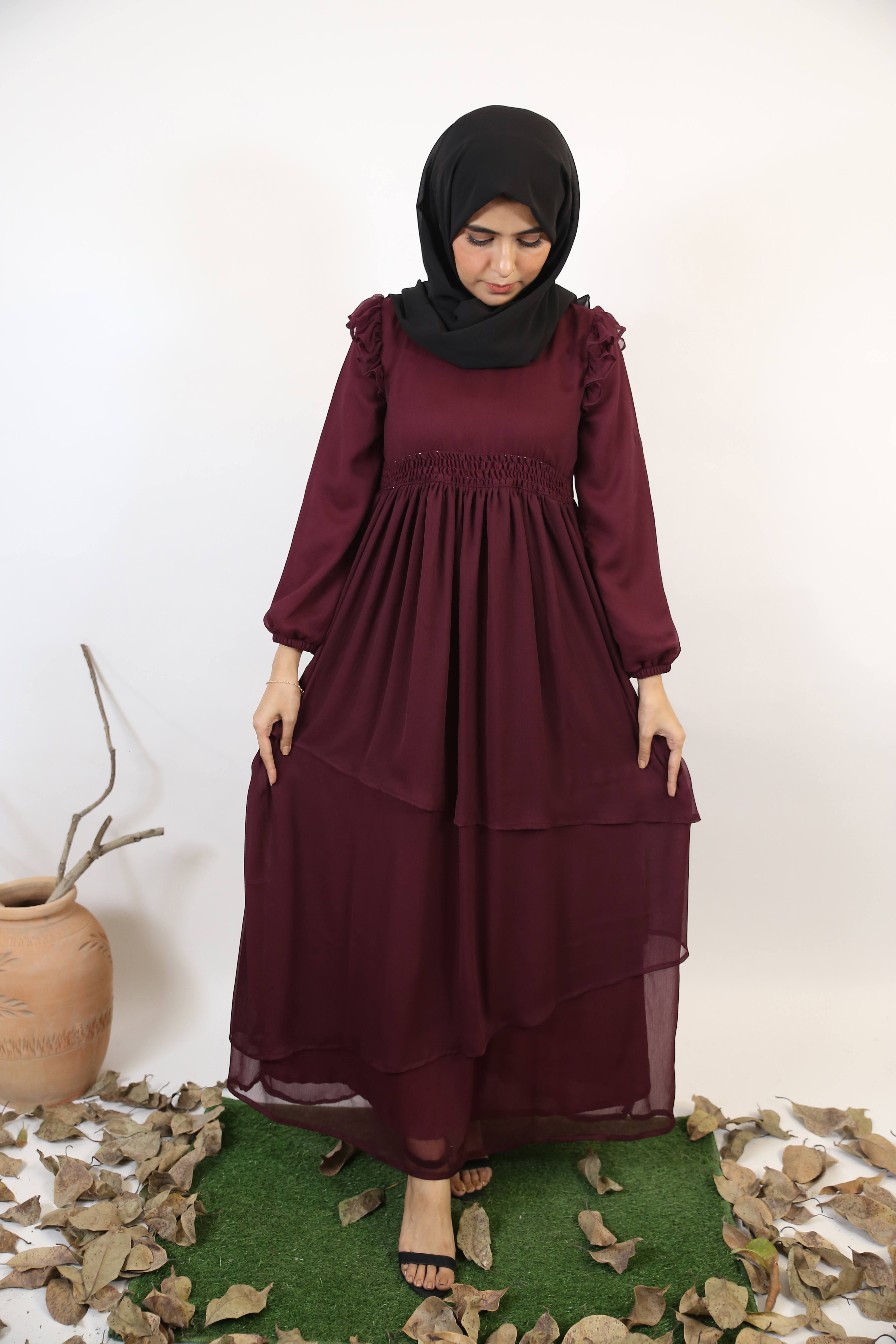 Zeenah- Timeless Chiffon lined frill trim layered hem dress with lantern sleeves- Burgundy Red