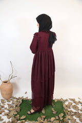 Zeenah- Timeless Chiffon lined frill trim layered hem dress with lantern sleeves- Burgundy Red