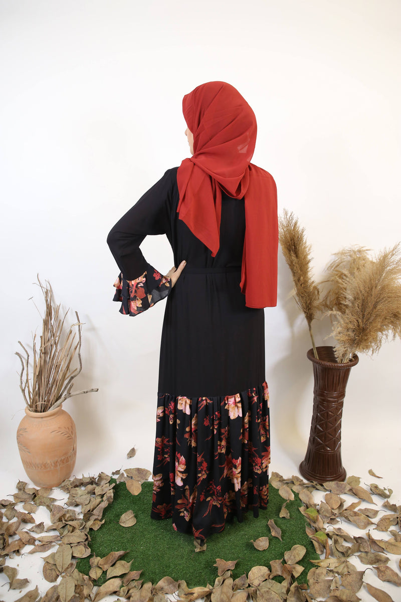 Nawar- Exquisite Linen Maxi Dress in black with blossom hemline and tiered sleeves