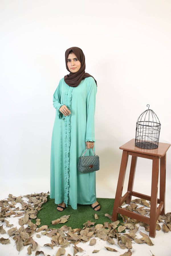 Naseem- Ethereal Maxi abaya with pleated sleeves and full length Ruffled-Mint Green