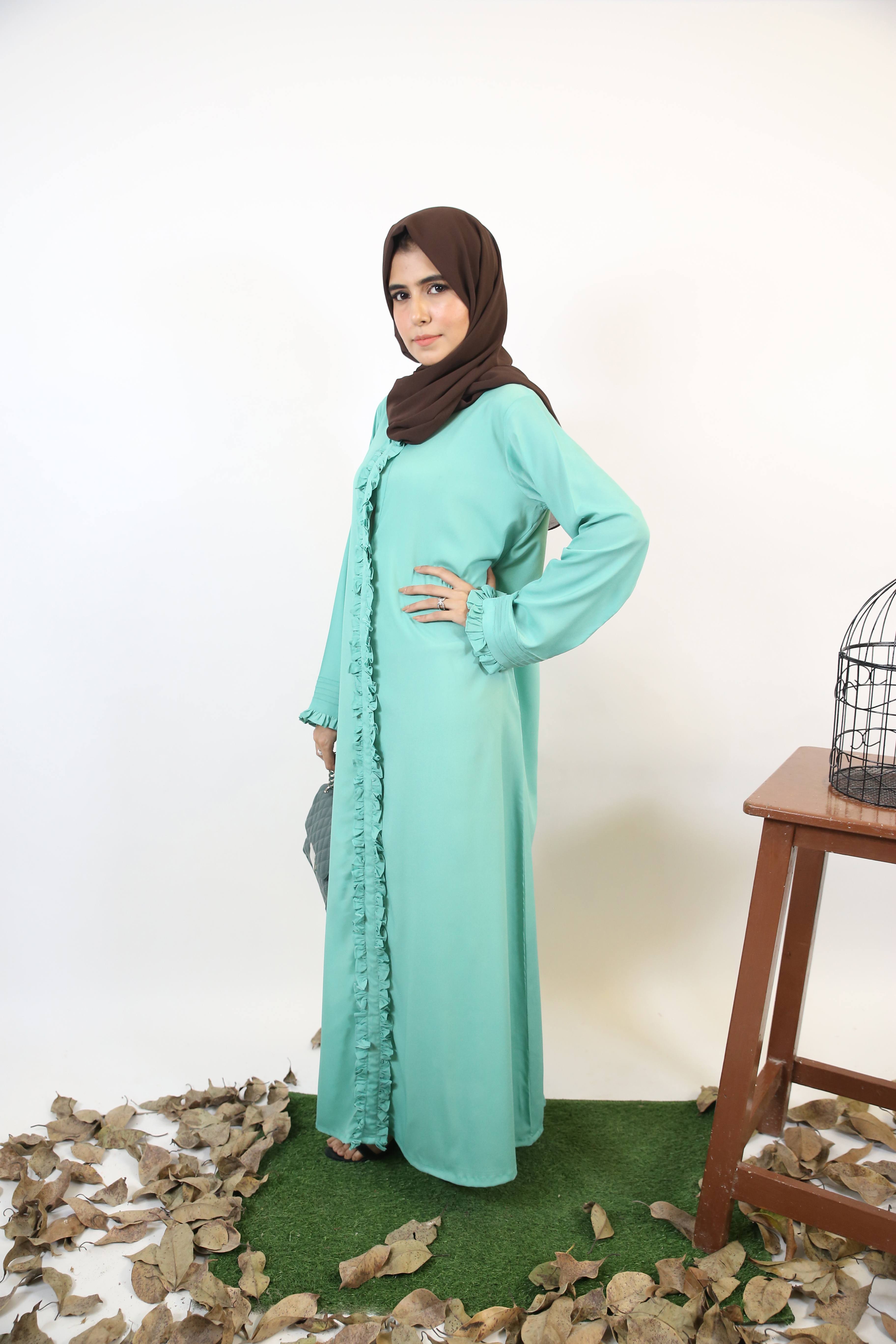 Naseem- Ethereal Maxi abaya with pleated sleeves and full length Ruffled-Mint Green