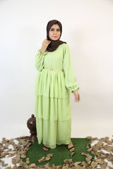 Musha- Classy Chiffon lined multi tiered maxi dress with belt embellishment-Lime Green