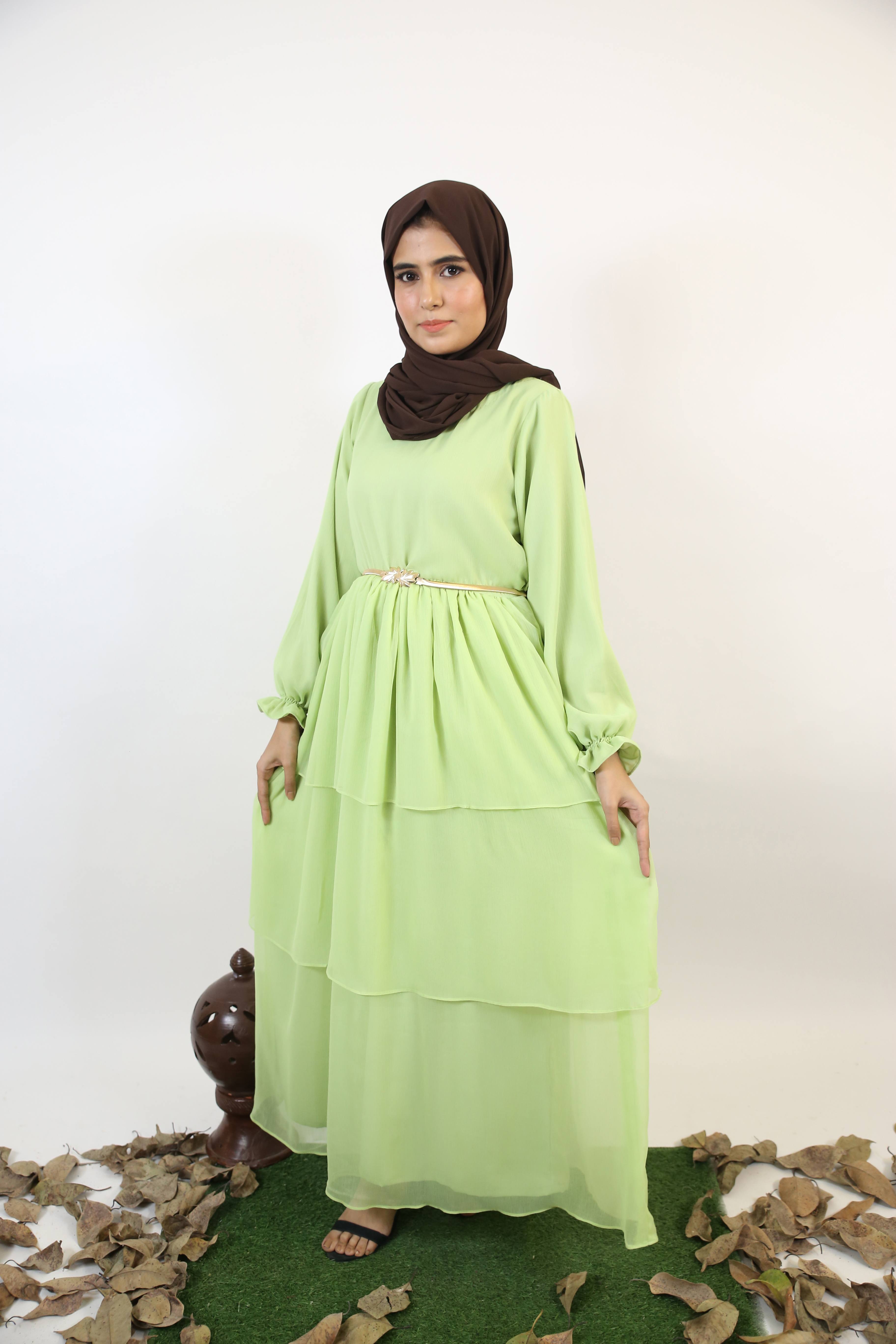 Musha- Classy Chiffon lined multi tiered maxi dress with belt embellishment-Lime Green