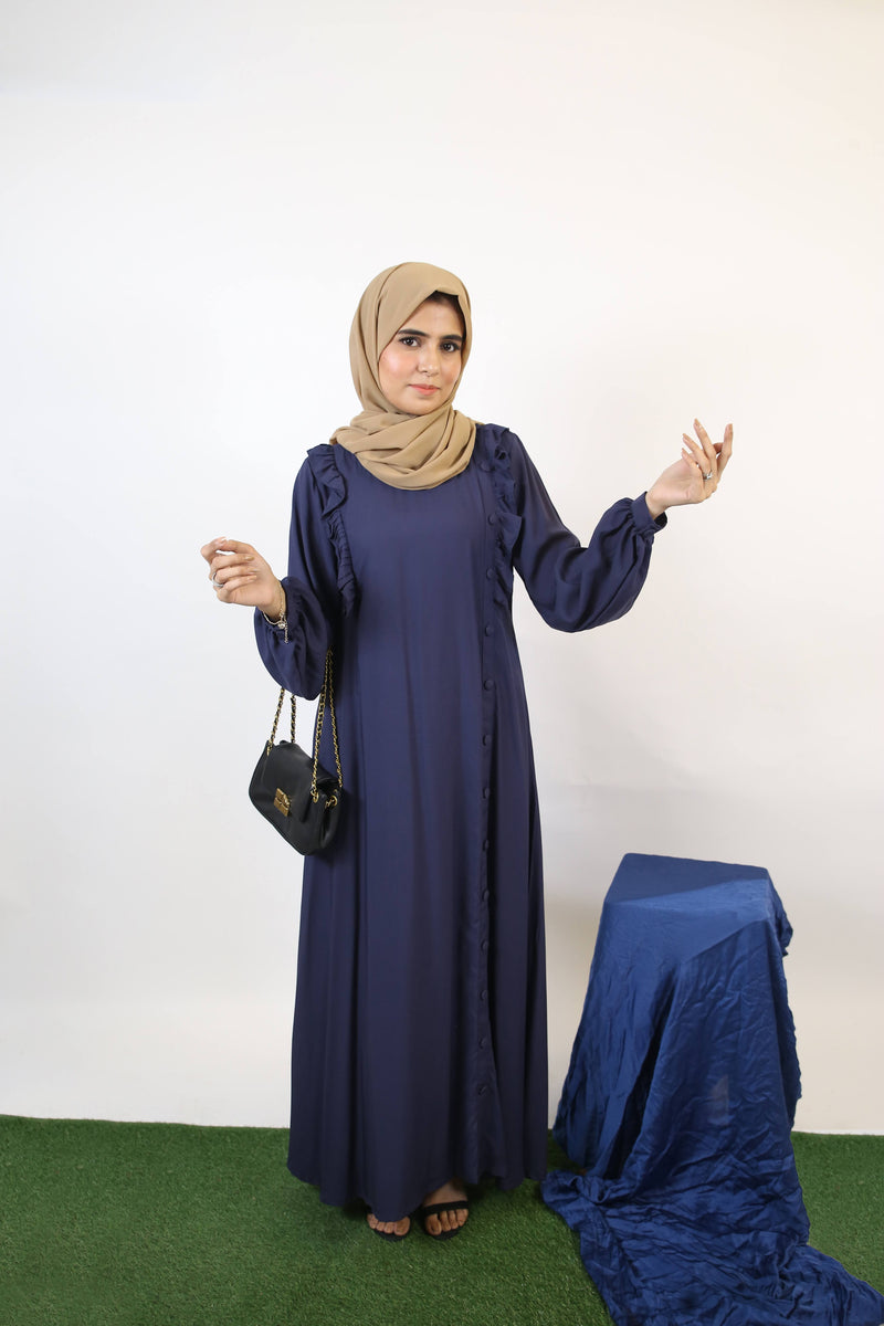 Mommy & Me ✨ Aqiq-  Stylish Linen modest Maxi dress with ruffles and buttoned down detailing- Midnight Blue