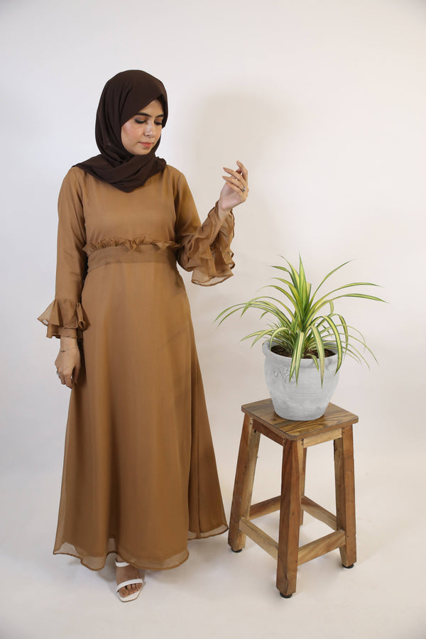 Khaki-Graceful Chiffon lined tiered sleeves belted maxi dress- Taupe Brown