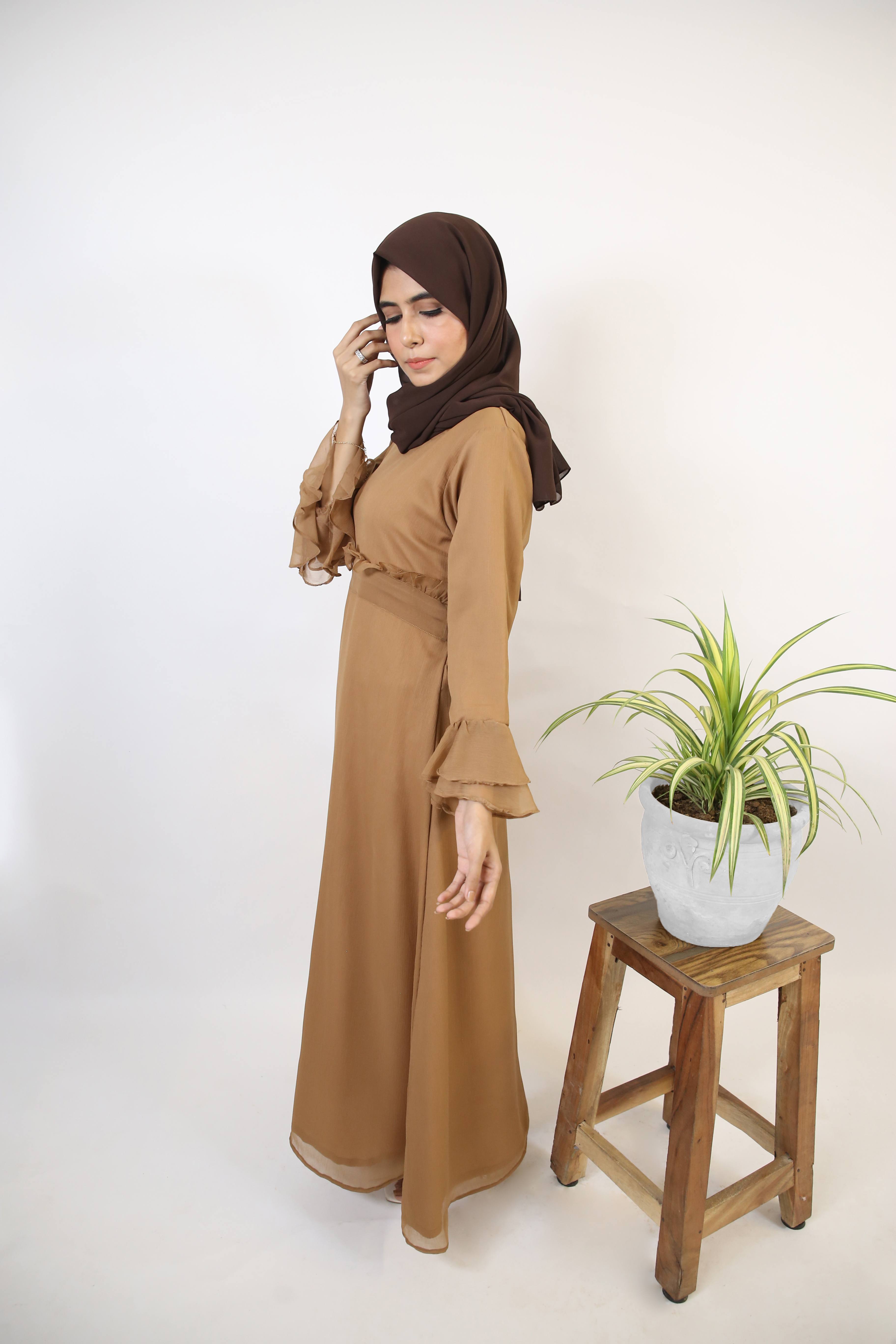 Mommy & Me ✨ Khaki-Graceful Chiffon lined tiered sleeves belted maxi dress- Taupe Brown