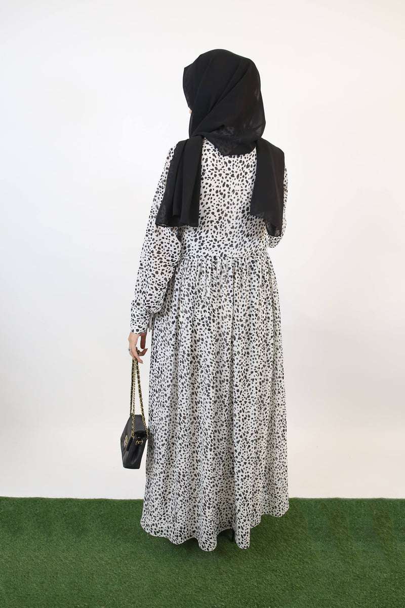 Fahd- Splendid Chiffon lined maxi dress with multi tiered ruffles and front pleats detailing- Cheetah Print