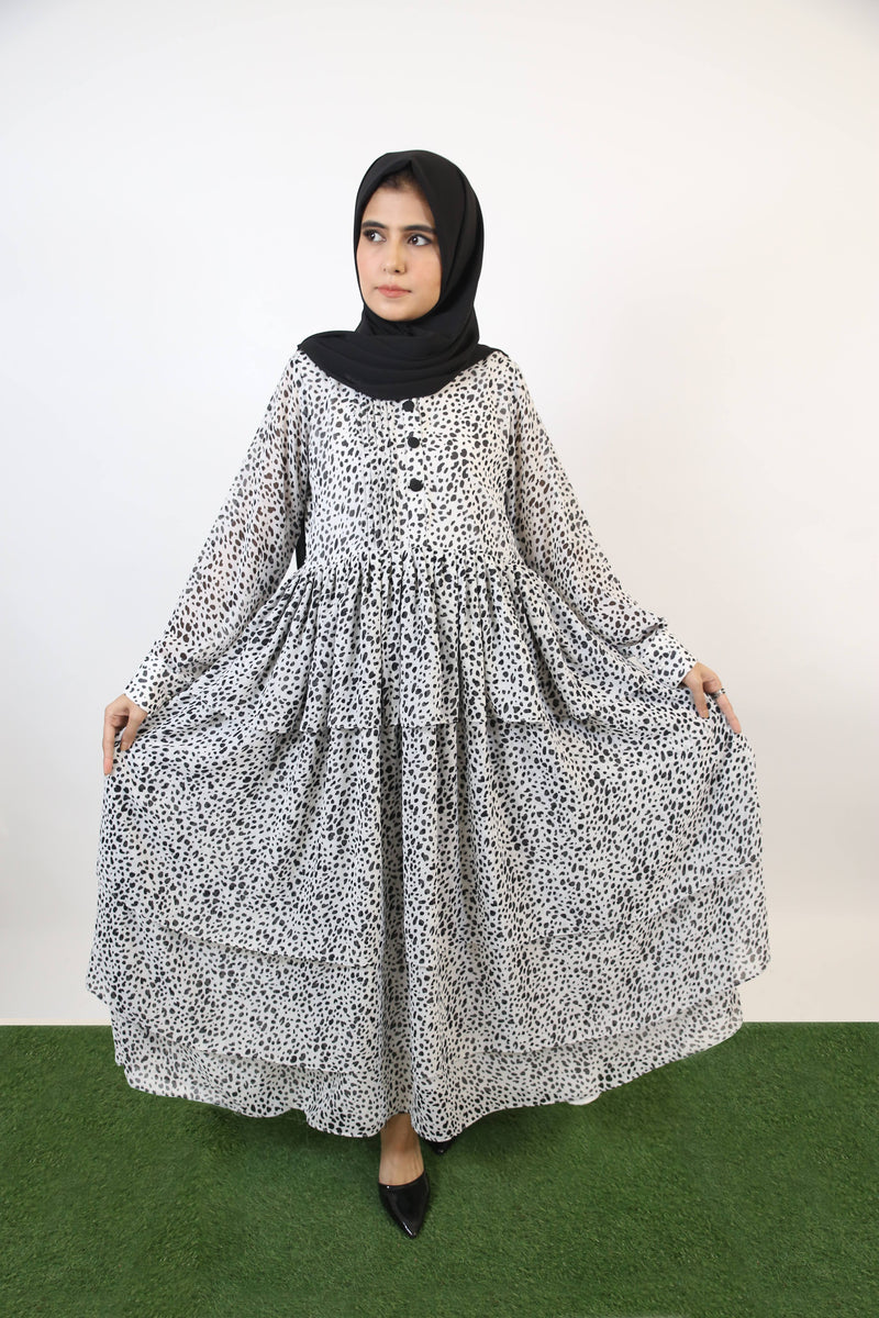 Fahd- Splendid Chiffon lined maxi dress with multi tiered ruffles and front pleats detailing- Cheetah Print
