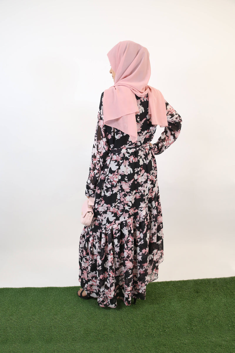 Zahri- Sublime floral Chiffon fully lined Maxi dress with diagonal cut hem and paired belt