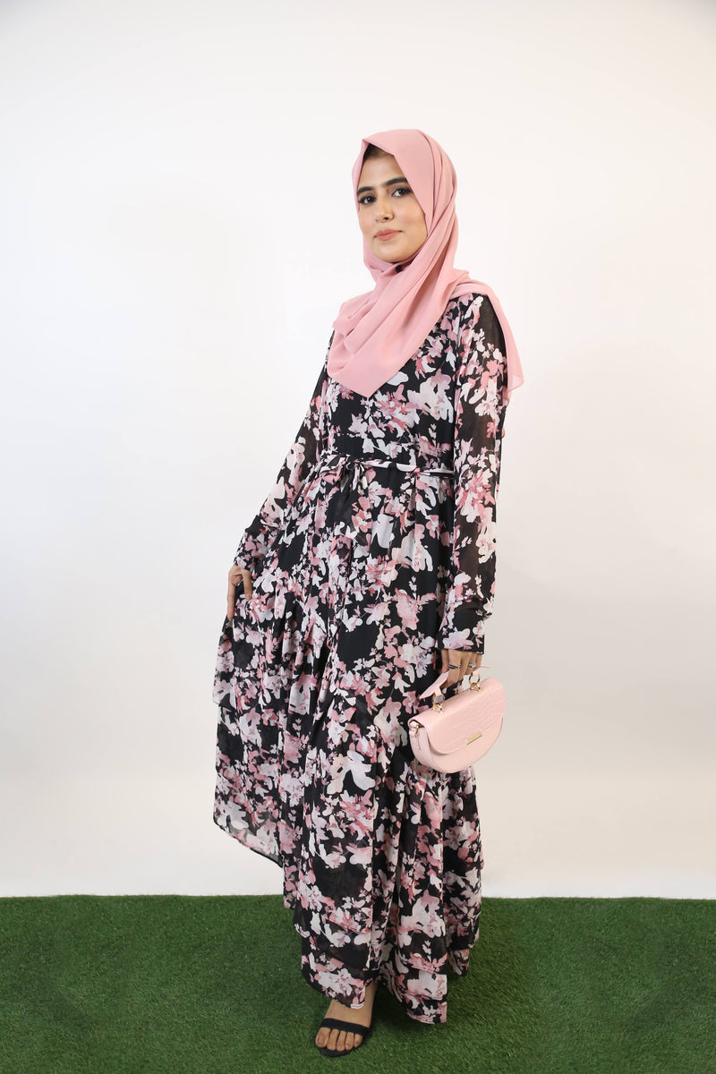 Zahri- Sublime floral Chiffon fully lined Maxi dress with diagonal cut hem and paired belt