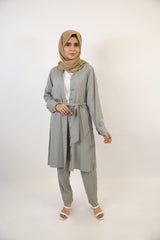Fiddah- Serene Linen Two piece matching set with lined buttons and belt with high rise trousers- Mint gray