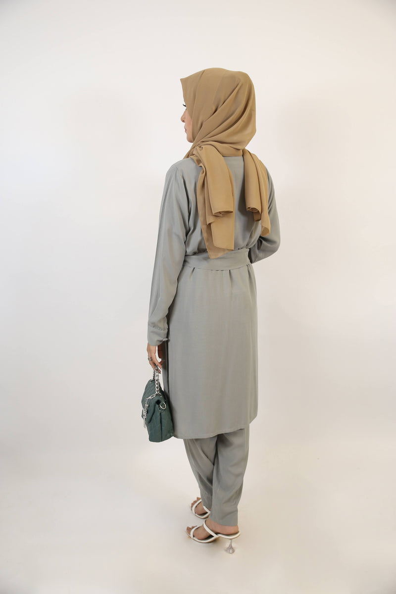 Fiddah- Serene Linen Two piece matching set with lined buttons and belt with high rise trousers- Mint gray