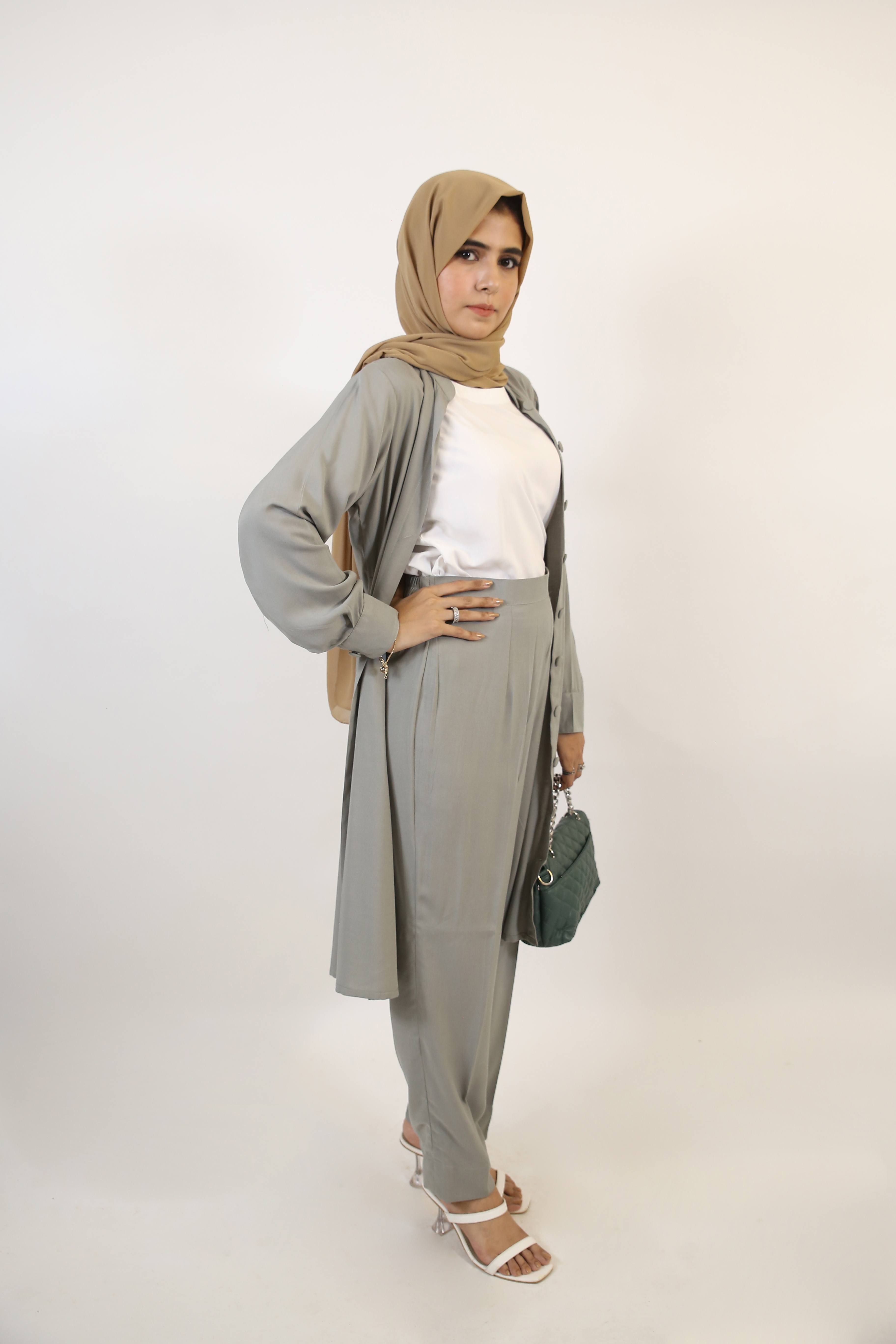 Fiddah- Serene Linen Two piece matching set with lined buttons and belt with high rise trousers- Mint gray