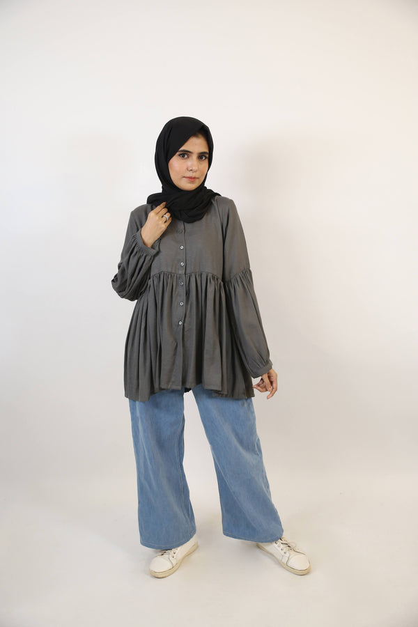 Ramadi- Dazzling Modest Pleated cotton shirt- Ash Gray