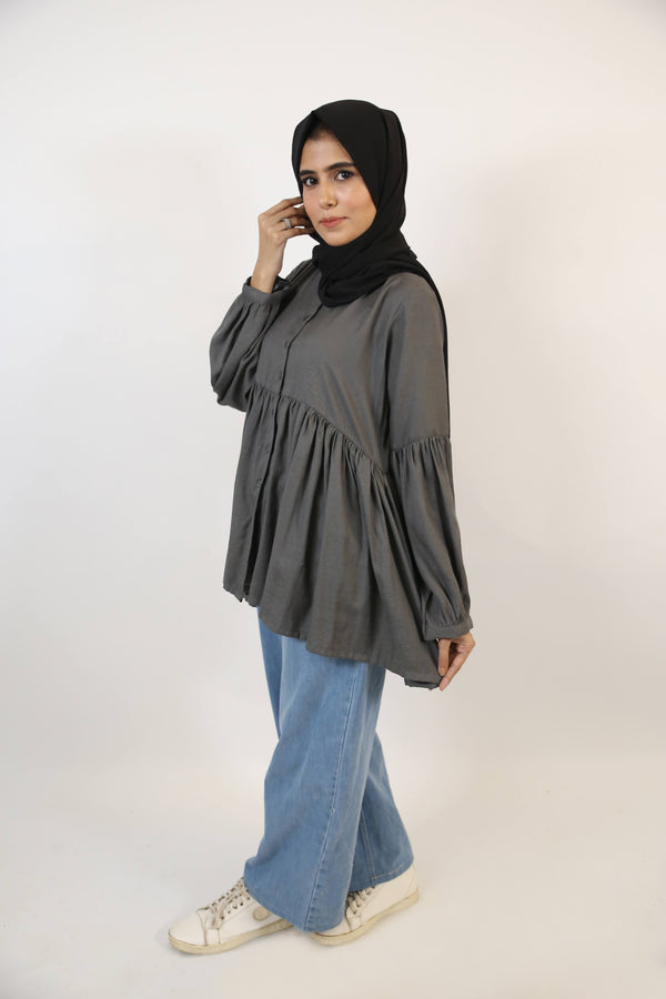 Ramadi- Dazzling Modest Pleated cotton shirt- Ash Gray