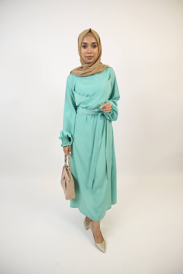 Sati- Enchanting no sheer maxi dress with front wrapped belt and pleated sleeves- Neon Green