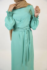 Sati- Enchanting no sheer maxi dress with front wrapped belt and pleated sleeves- Neon Green