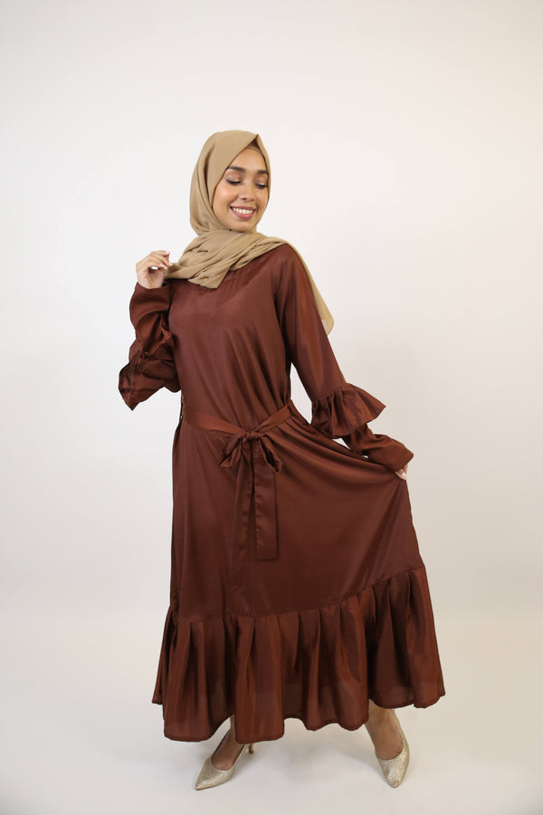 Baloot- Alluring no sheer maxi dress with ruffled hem and belt- Coffee brown