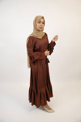 Baloot- Alluring no sheer maxi dress with ruffled hem and belt- Coffee brown