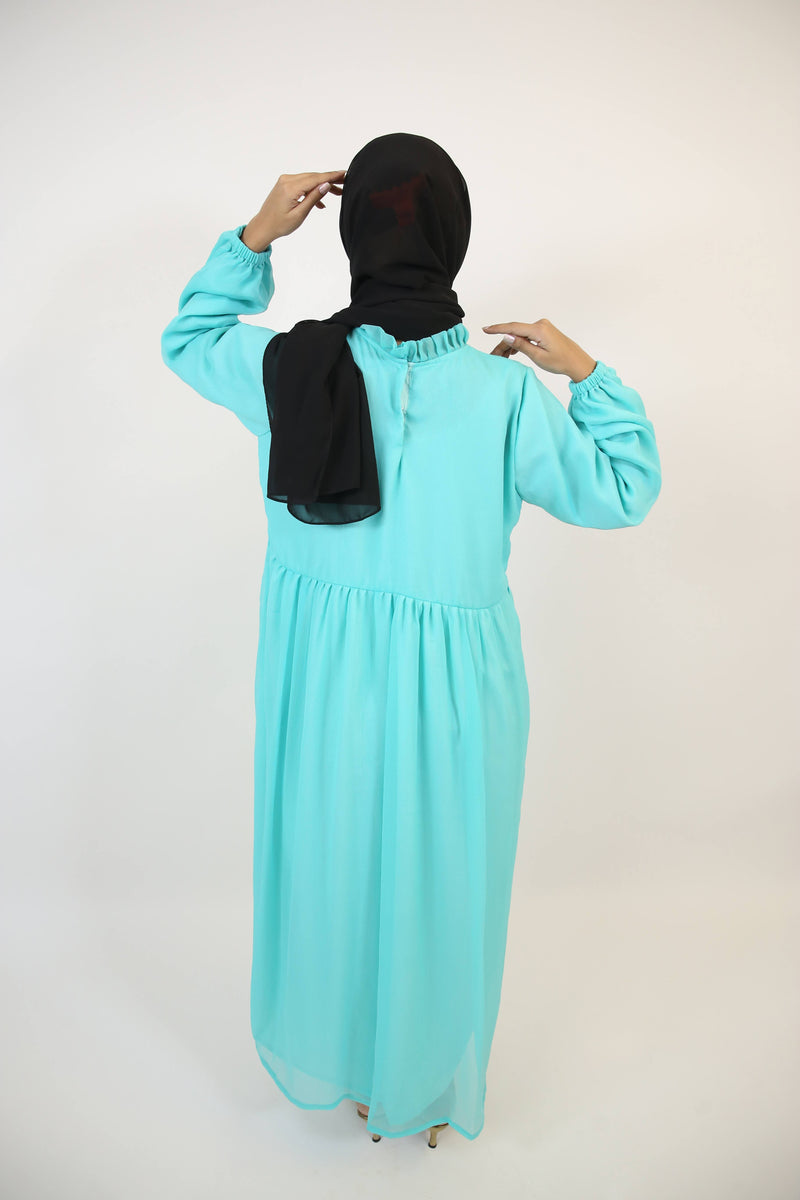 Feerozi- Alluring Chiffon fully lined maxi dress with ruffled front detailings- Turquoise blue