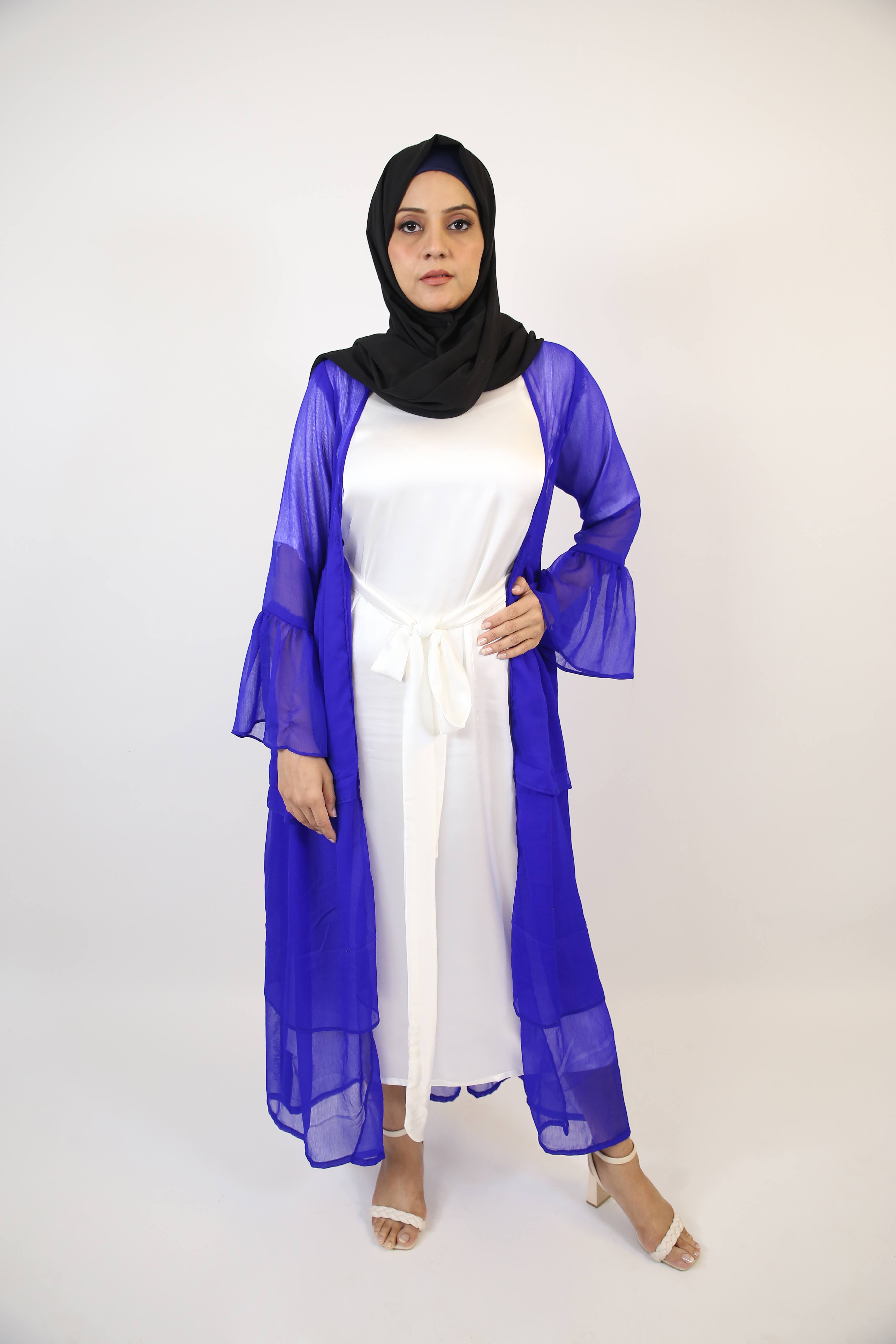 Malaki- Chic chiffon multi tiered throw over abaya with white inner slip dress- Royal blue