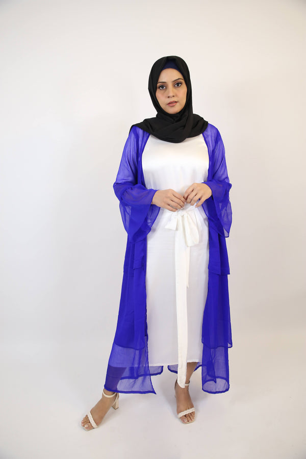 Malaki- Chic chiffon multi tiered throw over abaya with white inner slip dress- Royal blue