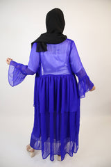 Malaki- Chic chiffon multi tiered throw over abaya with white inner slip dress- Royal blue